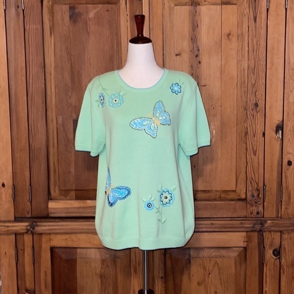 Alfred Dunner Green Butterfly & Floral Embroidered Short Sleeve Sweater Sz. S - Picture 15 of 15